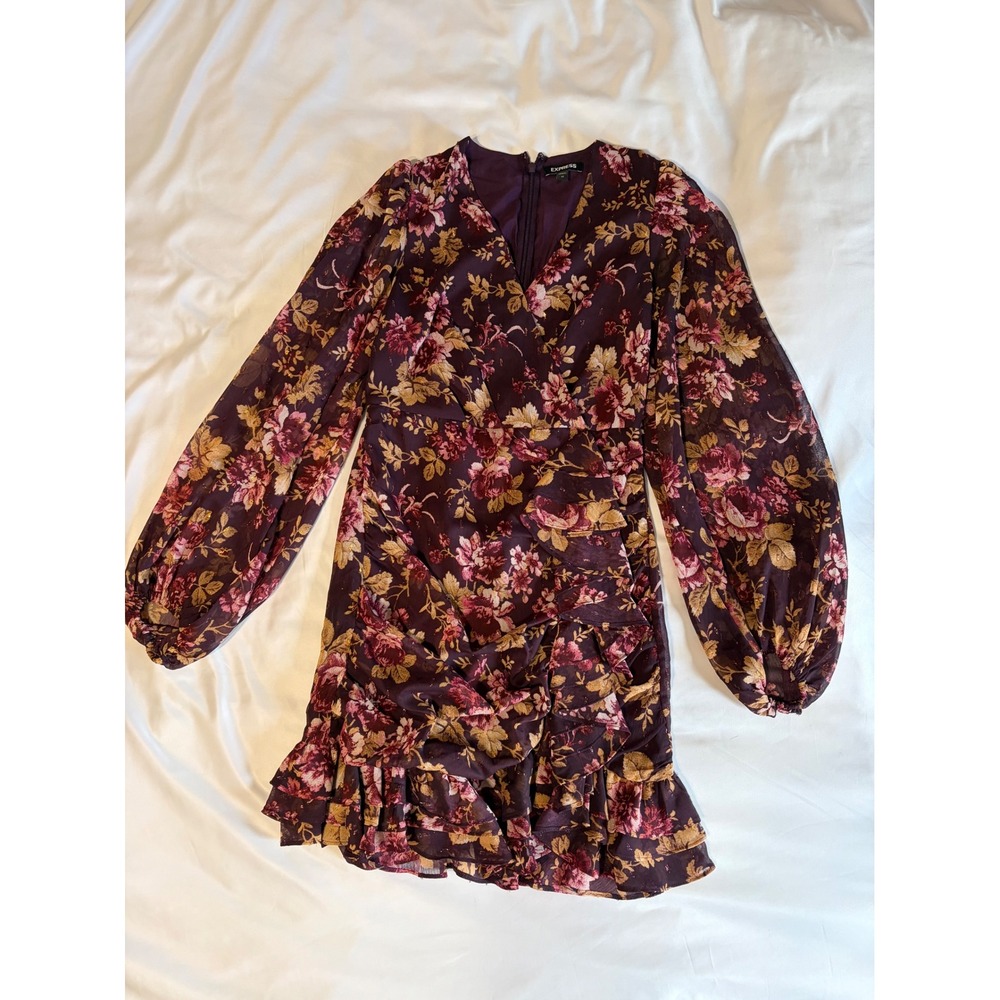 Express Burgundy Floral Metallic Ruched Ruffle Mini Dress XS Long Sleeve Wrap V